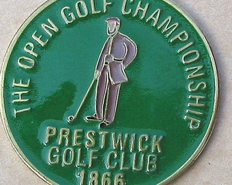 Hand painted Golf Ball Marker embossed coin for the 1866 Open Championship. The Prestwick Golf Club in Scotland. Unique gift for any golfer.