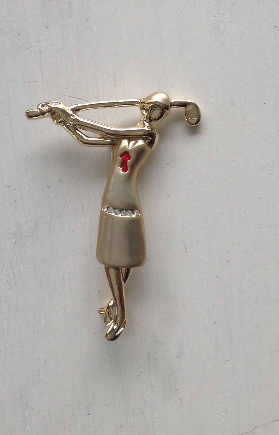Image of Quality Golf Pin Brooch + Crystals Gold Tone Lady Woman Golfer - Size 2 Inches Ideal Golf Gift Birthday Golfing Society Or Event Badge