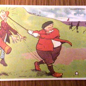 Golf Vintage Postkarte Anfang 1900 eine alte Comic, lustige 1990er Jahre Repro-Postkarte von Künstler Tom Browne. Ideal zum Basteln einer Golf-Geburtstagskarte