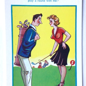 Pocztówka golfowa z lat 40. XX w. - stary komiks, zabawna, niegrzeczna i ryzykowna Młoda golfistka "Och, panie Mustard, czy chciałby pan zagrać ze mną rundkę?"