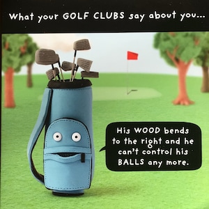 Golf Geburtstags- oder Geschenkkarte & Umschlag. Comic-Spaß urkomisch. Golferbälle! Und Keulen! Ideal für Ihren Golfer Mann, Frau, Freund.Golf Geschenk