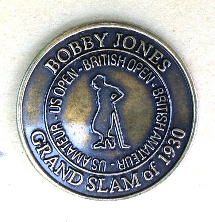 Image of Rare 1 Inch Coin Golf Ball Marker For The 1930 Grand Slam Of Achieved By Bobby Jones. Great Birthday Golf Gift A 90 Year Old