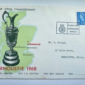 Superb 1968 golf collectable Open Golf Championship First Day Cover with Special Royal Mail handstamp. Unique 56 year  birthday golf gift