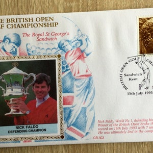Schitterende golf verzamelbare Open Golf Championship First Day Cover uit 1992 met speciale Royal Mail-handstempel, Nick Faldo 32-jarige verjaardagscadeau