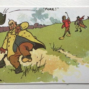 Cartão postal vintage de golfe do início dos anos 1900, uma antiga história em quadrinhos, uma reprodução engraçada dos anos 1990 do artista Tom Browne. Ideal para transformar em um cartão de aniversário de golfe.