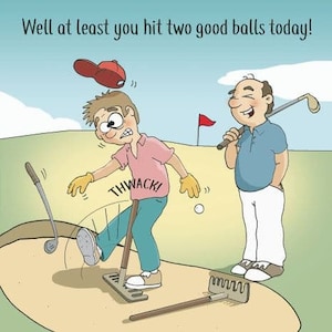 Golf Gift Card en envelop - Comic Golf Fun Hilarious - Golfer slaat in de nuts met bunkerhark! De lege binnenkant van de golfkaart - golfverjaardag