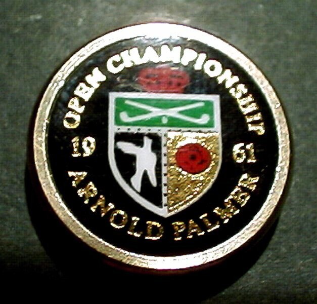 Image of Old Original Golf Ball Marker - 1961 Open Championship. Arnold Palmer Win. Birthday Gift 59 Year Old. Superb Gold & Silver Foil Effect