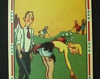 Golfvykort från 1930-talet - gammal serietidning, roligt, oförskämt vykort med trosor - Golfinstruktör (böjer sig ner) "Du måste putta här!"