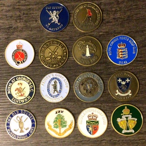 14 Hand Painted 1" Coin Golf Ball Markers - all courses or clubs that have hosted the Open Golf Championship.