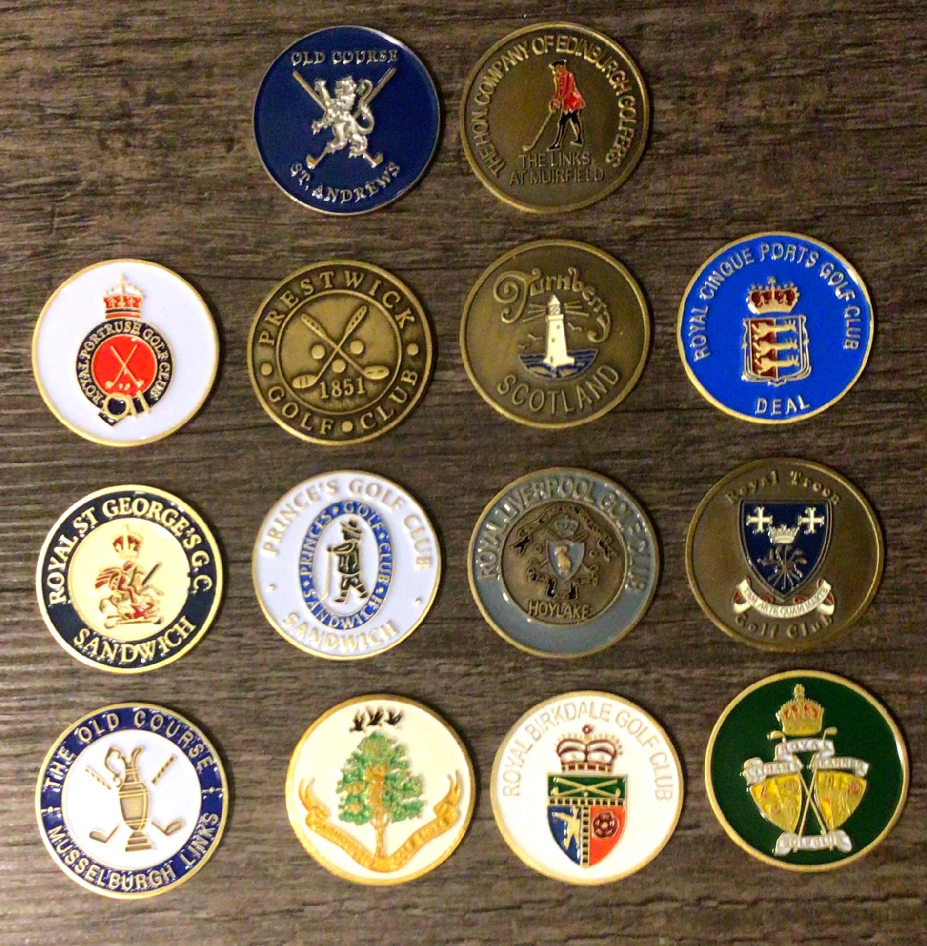 14 Hand Painted 1" Coin Golf Ball Markers - all courses or clubs that have hosted the Open Golf Championship.