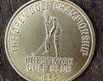 "Handbemalte Golfball Marker Prägemünze für die ""Meisterschaft der Open"" von 1862." Der Prestwick Golf Club in Schottland. Einzigartiges Geschenk für jeden Golfer.