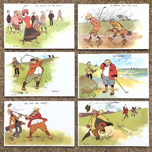 6 postales divertidas de golf de estilo eduardo de 1905. Artista Tom Browne. Excelentes para exhibir. Colección oficial de Halycon Cards, década de 1990. Regalo de cumpleaños de golf
