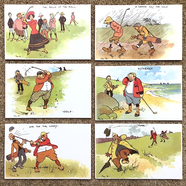 6 Edwardian 1905 Comic Golf Postcard - Tom Browne Artist. Excellent for Display. Official reprint set by Halycon Cards 1990s. Golf birthday