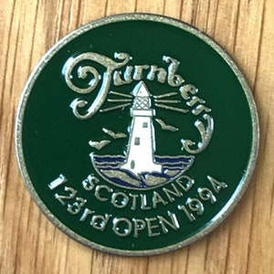 Alte Handbemalte Münze Golfball Markierer 1994 Open Turnberry Golf Club Schottland. Geburtstagsgeschenk für den 30 jährigen. Vintage Ballmarkierer
