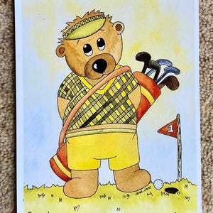 Golf Teddybär Postkarte - Golfen Comic Fun. Ideal, um in zu einem Golf Geburtstagskartengeschenk Mann, Frau er oder sie zu machen. 25 Jahre alt wie neu.
