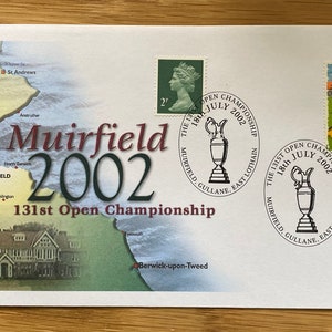 Schitterende golfcollectie 2002 open golfkampioenschap eerste dag omslag met speciale Royal Mail-handstempel, golfpostzegel 22e verjaardagscadeau