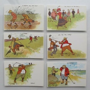 6 atractivos cómics Vintage Golf Postcard display set 1900s Tom Browne Artist - Sin usar y excelente para exhibir en la guarida de golf ideal regalo de golf
