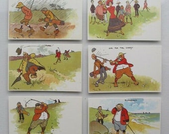 6 attractive comic Vintage Golf Postcard display set 1900s Tom Browne Artist  - Unused and excellent for display in golf den ideal golf gift