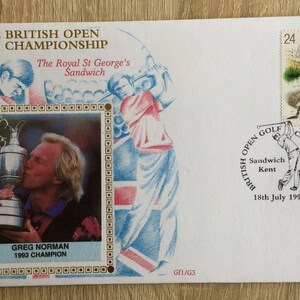 Hervorragendes 1993 Golf Sammlerstück Open Golf Meisterschaft Ersttagsbrief mit speziellem Royal Mail Handstempel, Greg Norman 31st Geburtstagsgeschenk