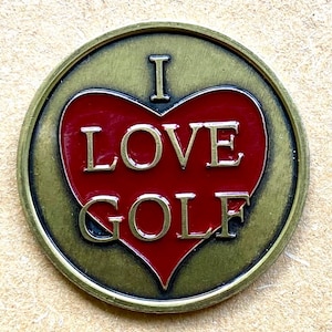 Vintage Golfball Marker I LOVE GOLF Seltener alter handgemalter Münze Golfball Marker. Hervorragendes Golf-Geschenk für den Golfspieler - Golfgeschenk-Geburtstag