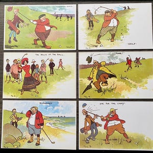エドワード朝時代（1905年）のコミックファン・ゴルフ・ポストカード6枚セット。トム・ブラウン作。ディスプレイに最適です。1990年代のハリコン・カード社公式セット。ゴルフ好きの誕生日プレゼントに。