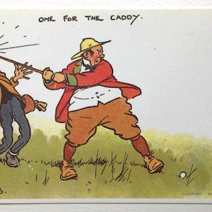 Golf Vintage Postkarte Frühe 1900er Jahre ein alter Comic, lustige 90er Jahre Repro Postkarte vom Künstler Tom Browne. Ideal zum Einfertigen einer Golf-Geburtstagskarte