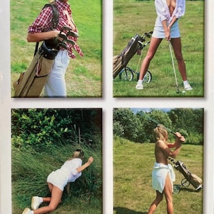 Buono regalo per il golf - Rude Comic Fun - golfista seminuda "4 pose da golf!". Per marito, moglie e amico golfista. Interno vuoto - Biglietto di compleanno per golfisti?