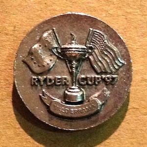 Golf Ball Marker 1997 Ryder Cup Valderrama Spain  27 year old birthday gift or present.A Quality Embossed Metal Stem type. Golf collectible