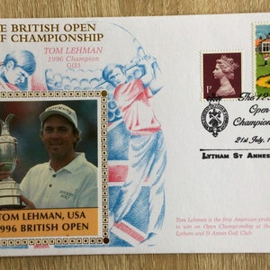 Prachtig 1996 golf verzamelbare Open Golf Championship First Day Cover met speciale Royal Mail handstamp, Tom Lehman 27e verjaardag cadeau
