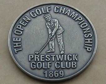 "Handbemalte Golfball Marker Prägemünze der ""Golf Ball Marker"" Serie von 1869 für die Open Open." Der Prestwick Golf Club in Schottland. Einzigartiges Geschenk für jeden Golfer.