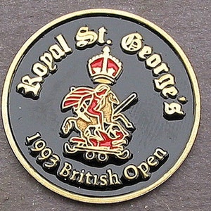 Marcador de pelota de golf de moneda antiguo pintado a mano para el campeonato abierto de 1993 Royal St.George's Golf Club. Regalo de cumpleaños único para 31 años.