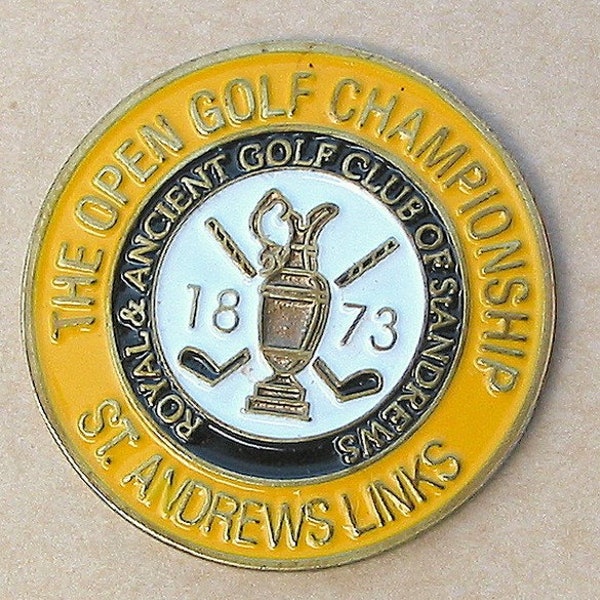 Hand painted Golf Ball Marker embossed coin for the 1873 Open Championship - Old Course Golf Links St Andrews. Unique gift for any golfer.