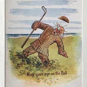 Cartão postal de golfe vintage dos anos 1930 - antigo cartão postal de golfe em quadrinhos - Velho jogador de golfe - 'Fique de olho na bola' "Ideal para fazer um cartão de aniversário engraçado