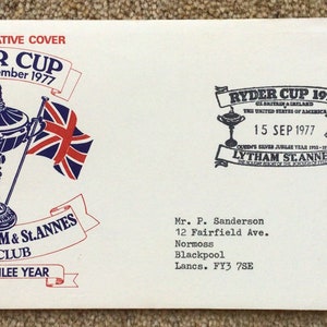 Ongelooflijk zeldzame Ryder Cup First Day-omslag uit 1977 met Queens Silver Jubilee-postzegel en speciale Royal Mail-handstempel, cadeau voor 45e verjaardag