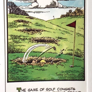 Golf Postkarte - Lustiger Comic Fun. Ideal, um eine Golf-Geburtstagskarte, Kunstgeschenk für Ehemann, Ehefrau, Freund zu machen. Verlorener entschlossener Golfer