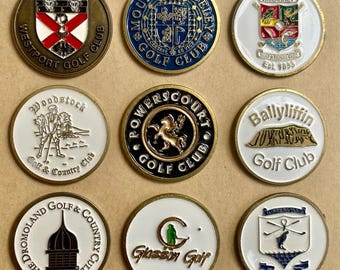 Golf courses in Ireland. Set of 9 hand painted Irish golf club ball markers. Great golf gift of 1 inch golf ball markers.