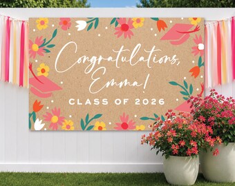 Personlig blommig examensbanderoll, i kraftstil, anpassad examensfestskylt (digital nedladdning)
