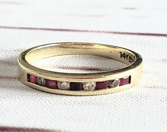 14 K Yellow Gold Ring  with RUBIES and  DIAMONDS, Wedding Band,Diamond Ring, Matching Band, Engagement Ring,Stacking Ring, Promise Ring