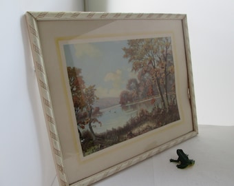 Vintage Donald Art Co Lake View Landscape Litho w White Wood Frame Lake print Lake picture River picture River print River View lithograph