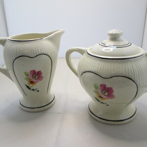 Vintage Westinghouse Floral w Black and White Ribs US Made Pedestal Creamer n Covered Sugar Bowl Set Cream Sugar Set Westinghouse Coffee Set