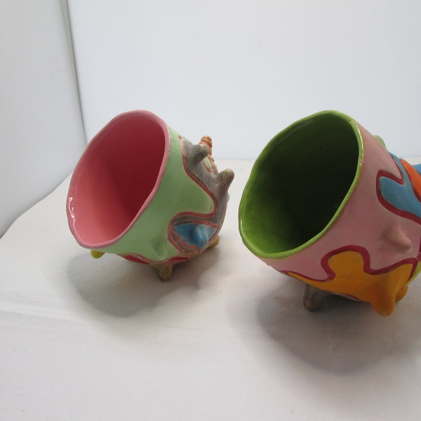 Vintage Studio Pottery Weirdo Pair of Spiky Multi Colored Planters or Bowls Unusual Planter Pair Boho Bowl Boho Planter Boho decor