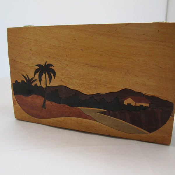 Vintage Palm Tree Scene Inlaid Wood Box w Hinged Lid Rectangular box Wood rectangle box Inlaid Box w lid Palm Tree box