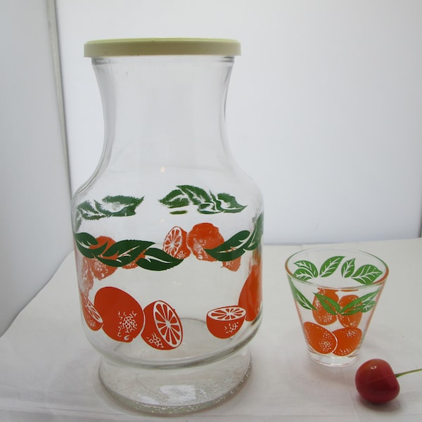 Vintage Glass Orange Juice Glass Carafe w One Matching Juice Glass Retro OJ Carafe for Orange Juice Holder Orange Juice Jug