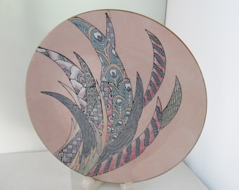 Vintage Large Pink Plate with Abstract Design Leaves 80s Decorative Plate Japanese porcelain Made in Japan plate 80s Decor 80s design plate