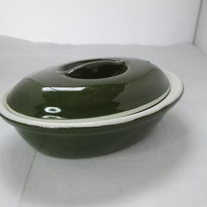Vintage Hall China Forest Green on White Oval Baker w Lid Individual Casserole