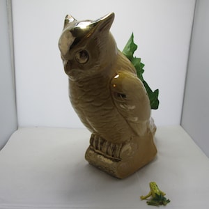 Vintage USA Made Larg Ceramic Owl Planter in Mustard Yellow w Gold