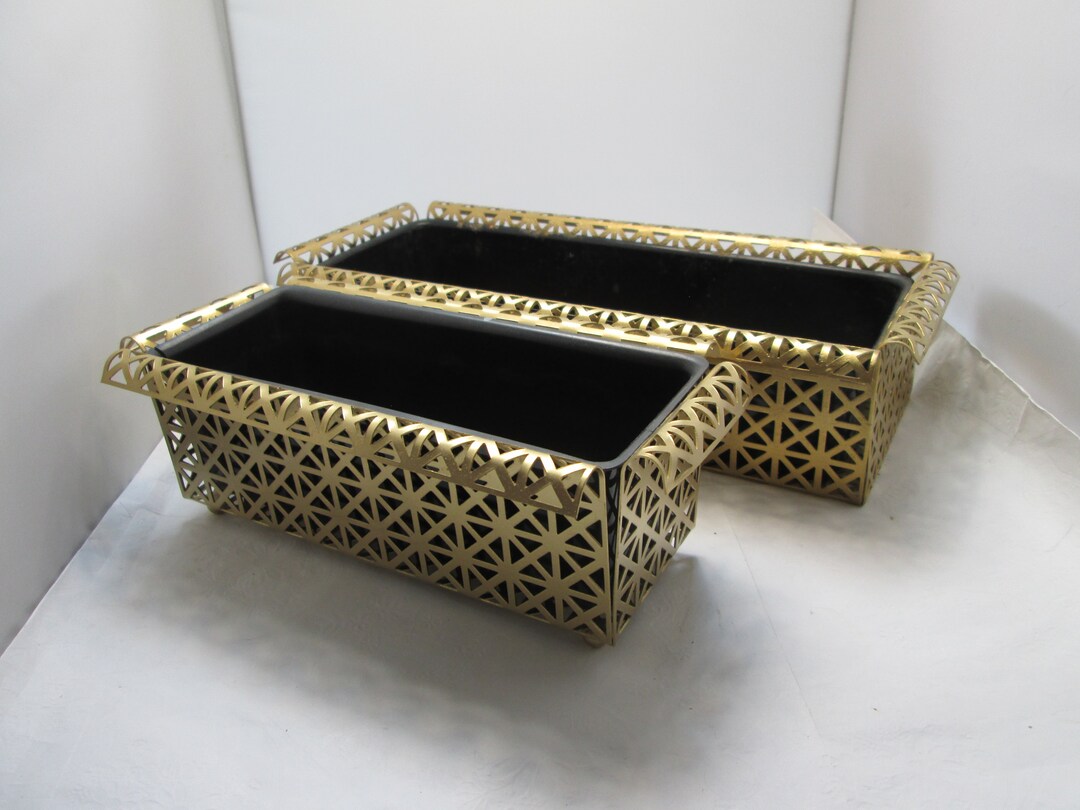 Vintage MCM Set of 2 in 2 Sizes Gold Painted Lattice Style Brass Window