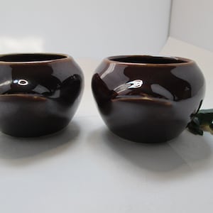 May include: Two small, dark brown ceramic pots with rounded edges. The pots are glazed and have a shiny finish. A small green plastic lizard is sitting next to one of the pots.