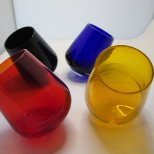 Vintage Set of 4 Revolving Wine Glasses Brightly Colored Hand Blown Stemless Wine set of glasses cocktail glasses set hand made roly poly