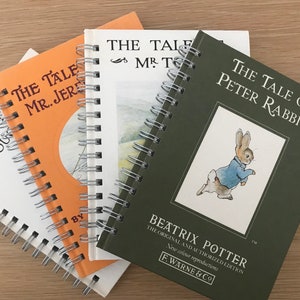 May include: Four spiral-bound books with colourful covers are fanned out on a wooden surface. The titles include "The Tale of Peter Rabbit" with a rabbit illustration, "The Tale of Mr. Jeremy Fisher", and "The Tale of Gloucester". The books are by Beatrix Potter.